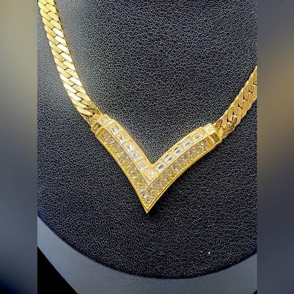 Christian Dior Crystal Necklace V Choker 17" Thick Herringbone Chain Gold 1998! - Picture 4 of 8